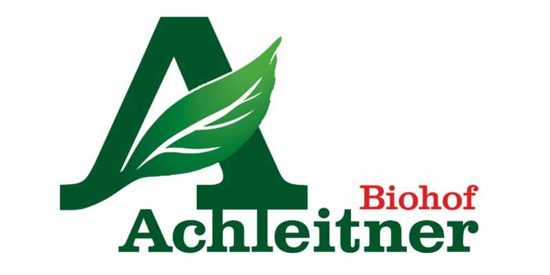 Biohof Achleitner Logo grün und rot mit Blatt