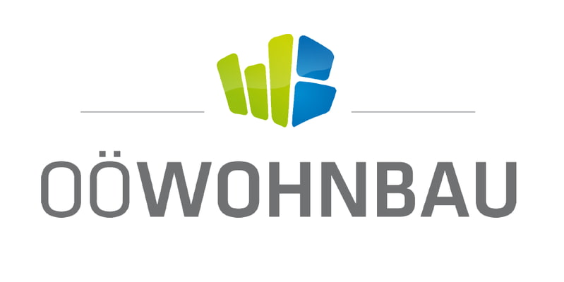 OÖ Wohnbau Logo grau mit grün-blauem Zeichen
