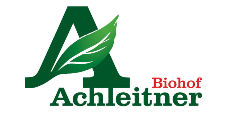 Biohof Achleitner Logo grün und rot mit Blatt