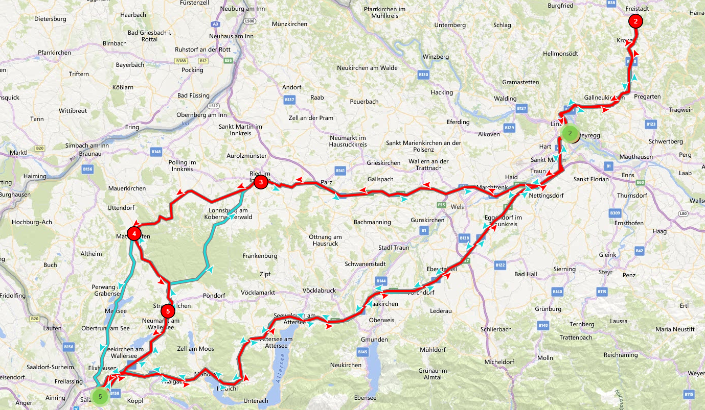 Landkarte mit rot markierter optimierter Route